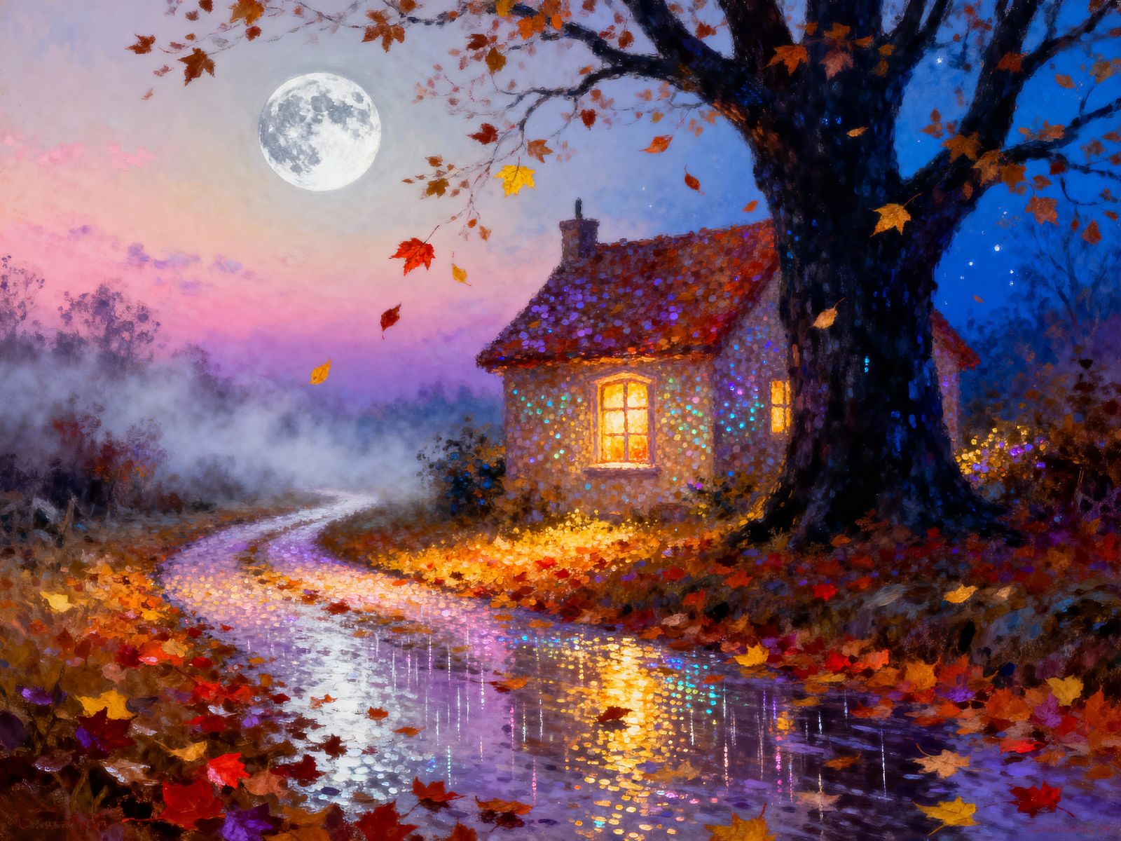 Cozy Cottage in Moonlit Autumn Rain as Pointillism Painting