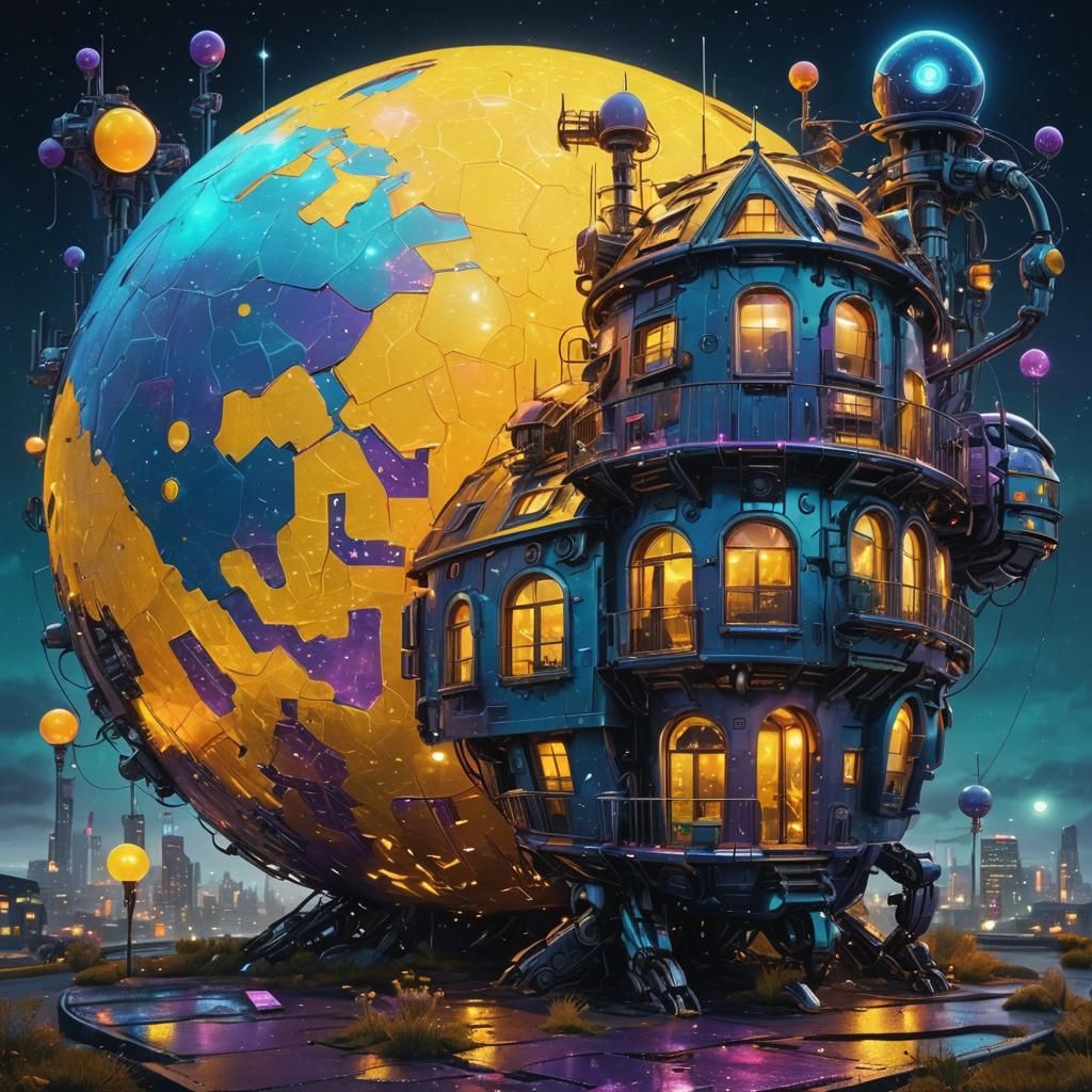 Futuristic Robot Home in Neon Noir Digital Art