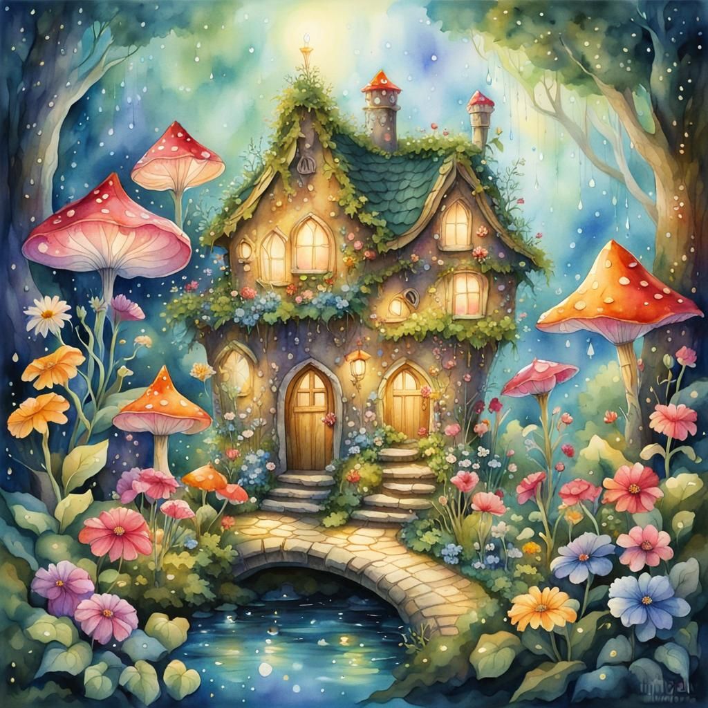 Whimsical, fantasy, Watercolor. Upside down fairy garden bathed in brilliant light, array of vibrant flowers of various ...