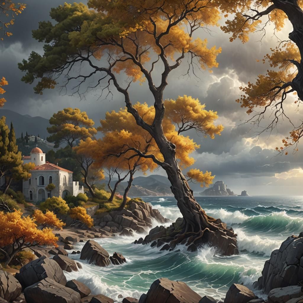Stormy Greek Village Landscape in Photorealistic Style