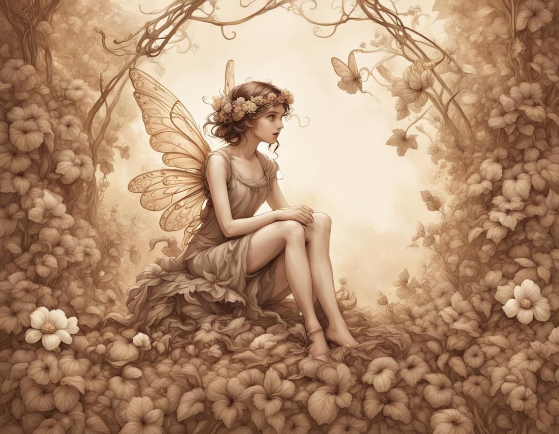 Vintage Fairy on Flower Border Illustration