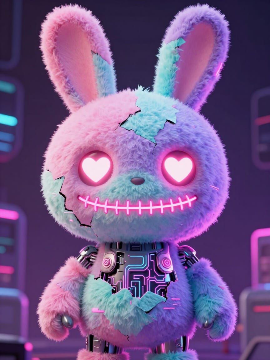 Cute Horror Cyber Bunny Woman with Neon Glow
