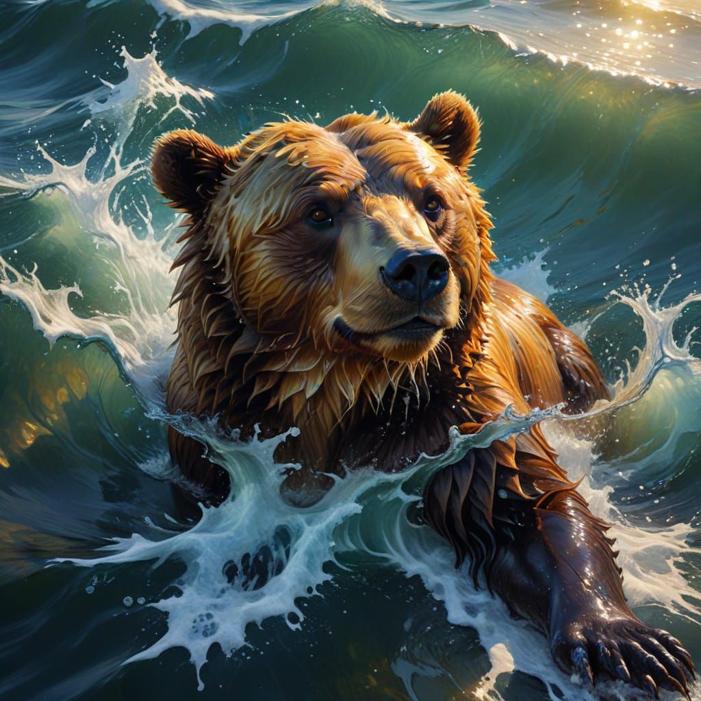 Bear Dives into Oceanic Depths in Vibrant Oil Painting
