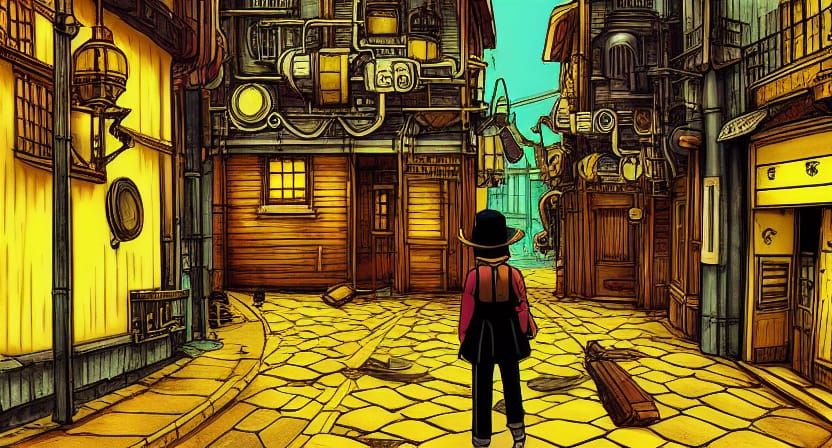 Steampunk Traveler on Yellow Street, Ghibli-esque Digital Ar...