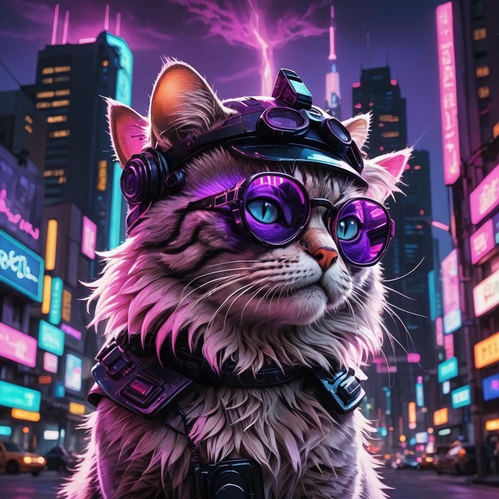 Cyberpunk Cat in Sci-Fi City with Neon Lights