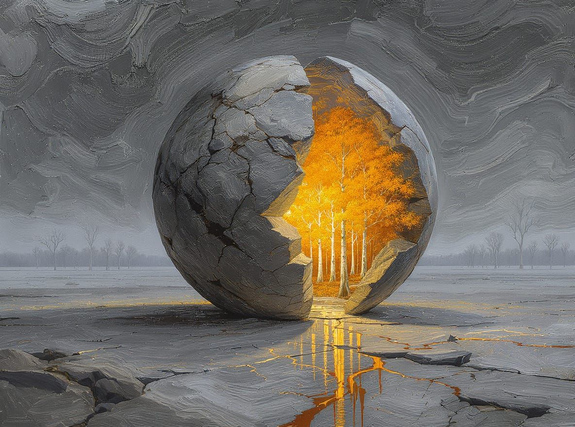 Stone Sphere Reveals Golden Forest in Surreal Impressionist ...