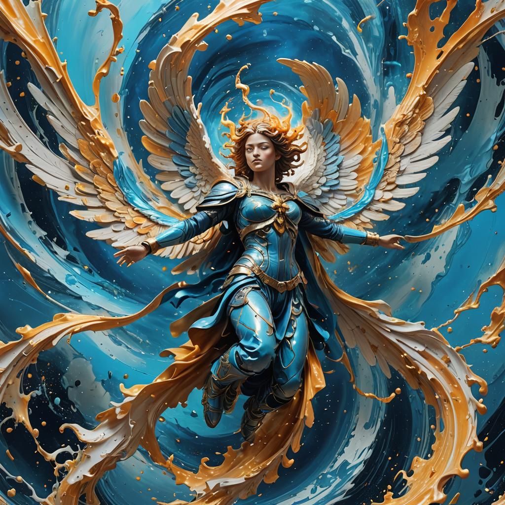 Archangel in Flight with Liquid Metal and Fire
