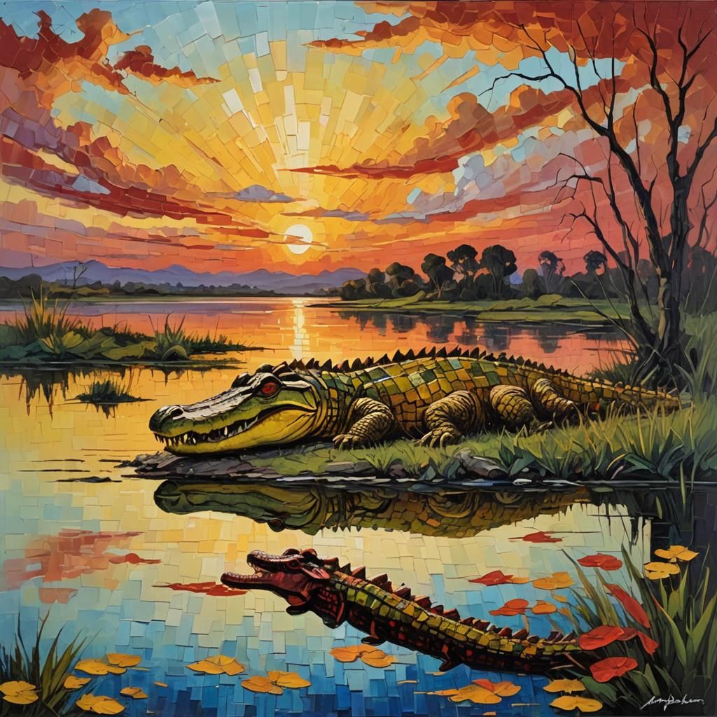 Sleeping crocodile at the edge of the shore