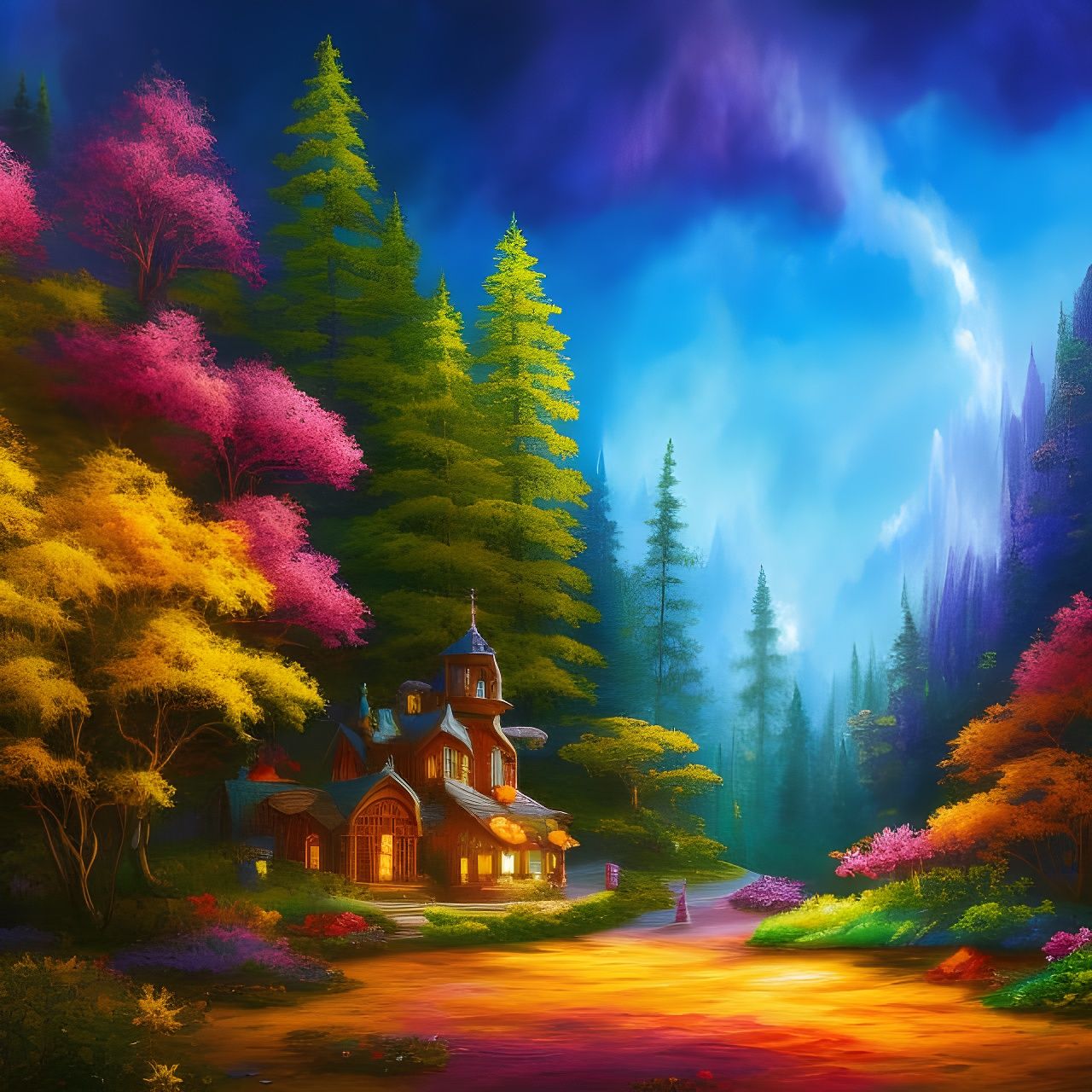 Little fairy house, stained glass colors, in Gouache Style, ...