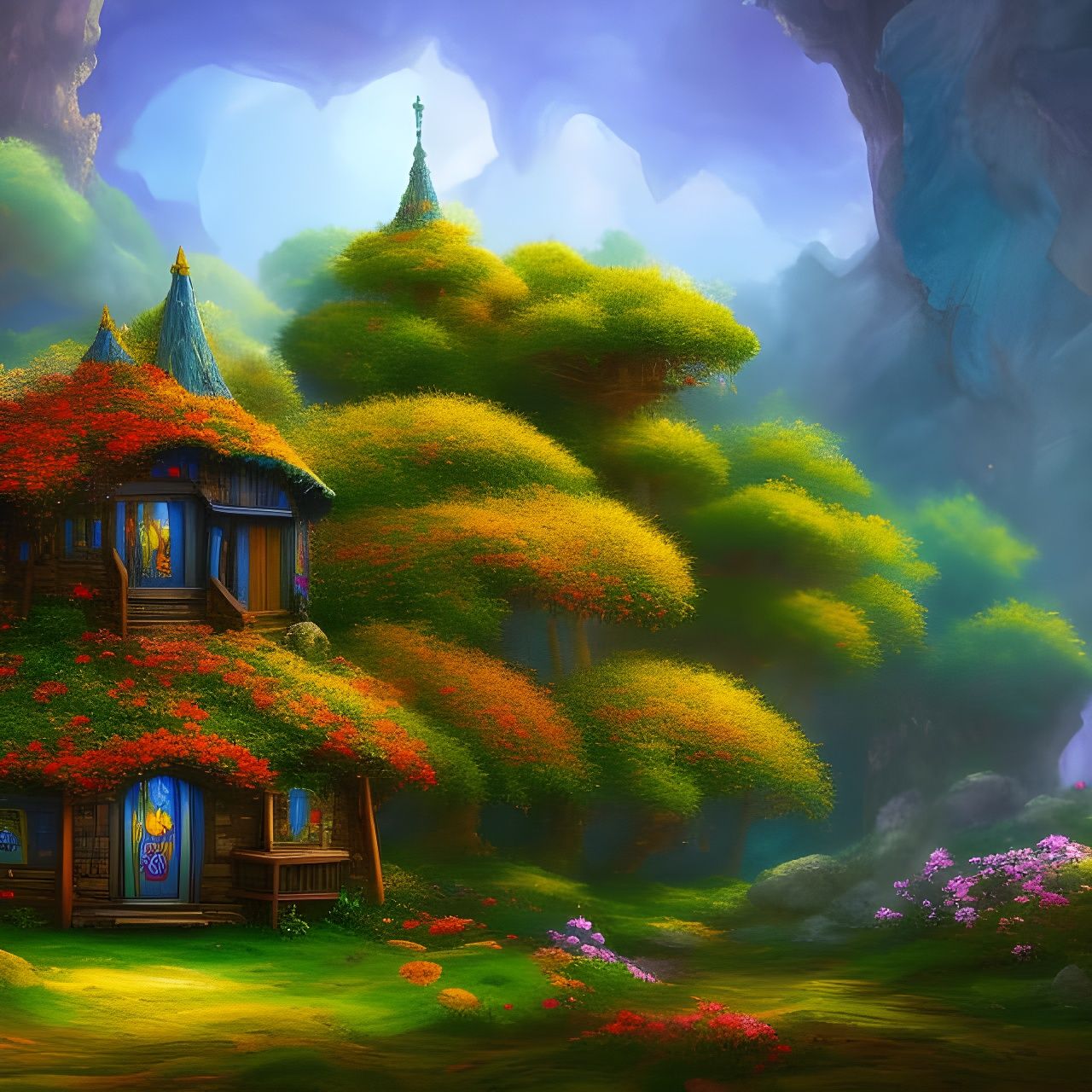 Little fairy house, stained glass colors, in Gouache Style, ...
