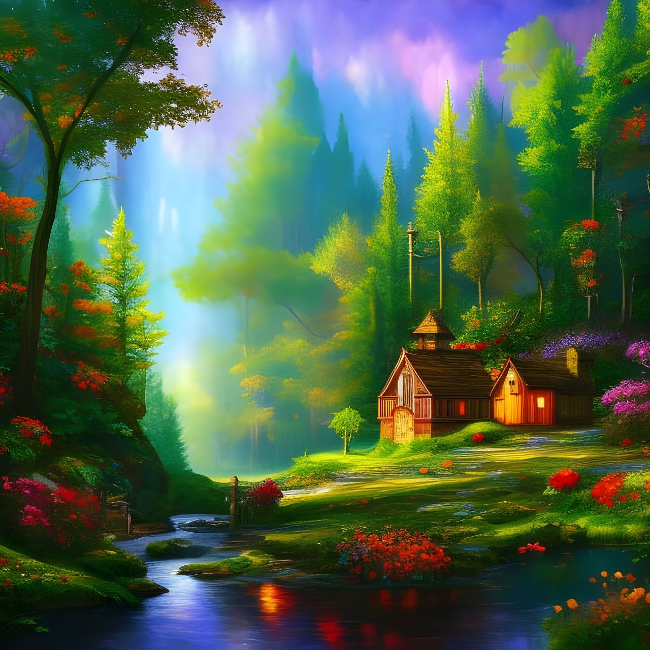 Little fairy house, stained glass colors, in Gouache Style, ...