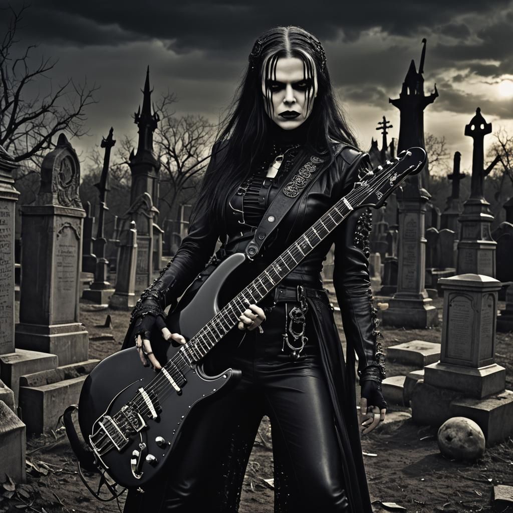 Gothic Rocker in Graveyard with Black Stratocaster