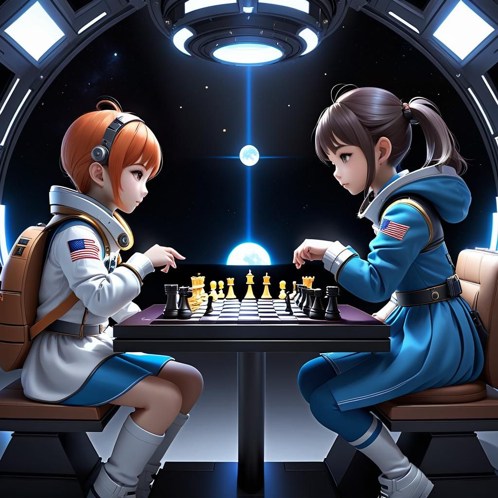 Children Play Chess in Space Station, Anime Art