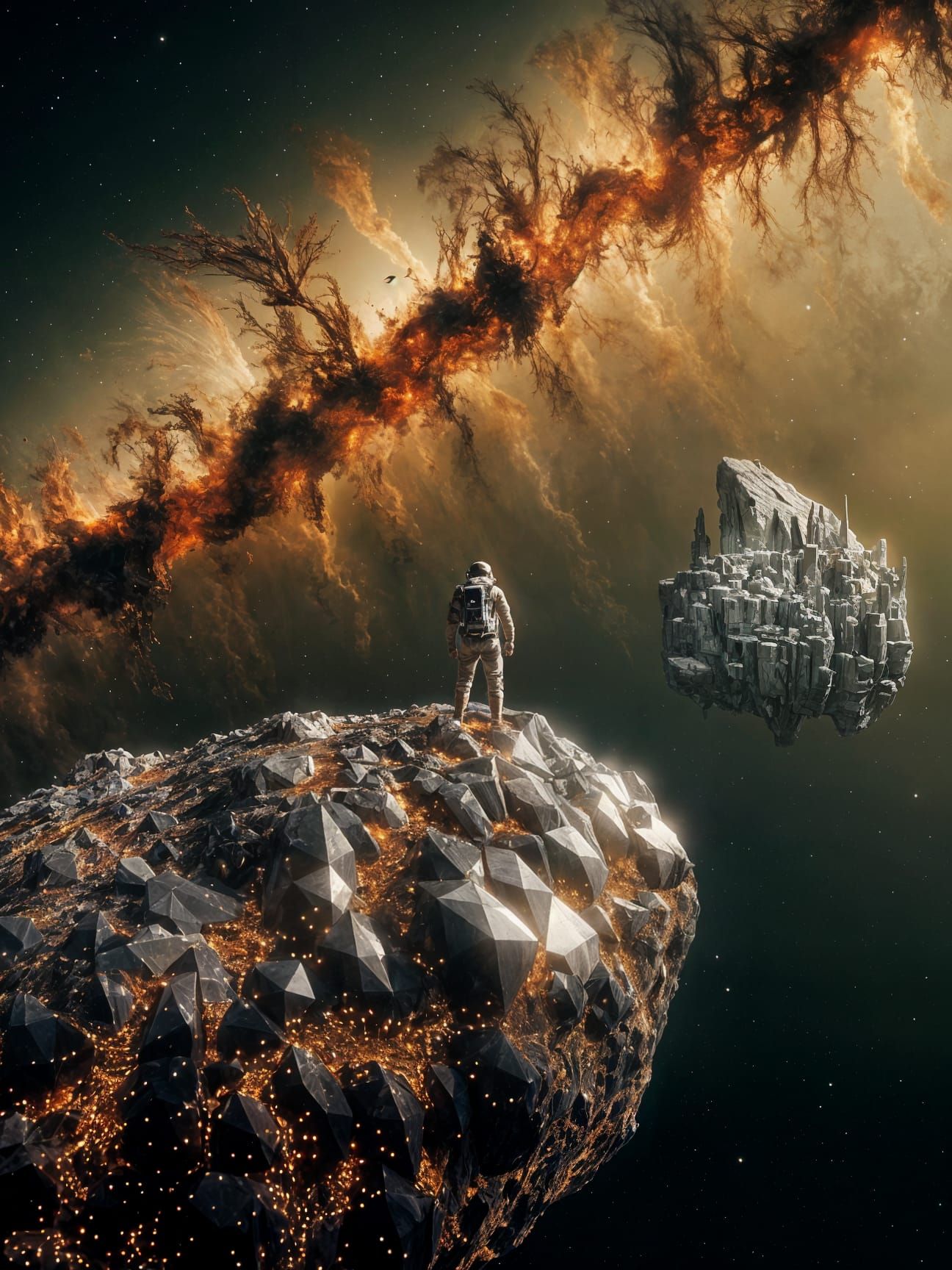 Astronaut Gazes at Nebula from Crystalline Asteroid