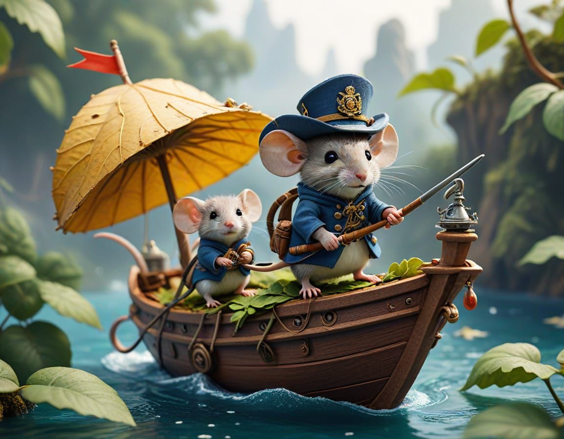 Whimsical Mice Set Sail on a Leaf-Shaped Vessel in a Delicat...
