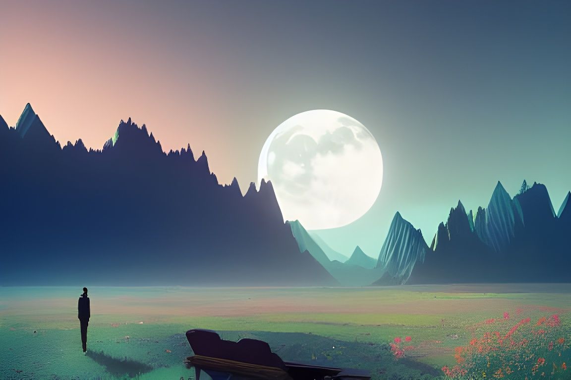 Moonlit Rose Garden Landscape, Digital Art