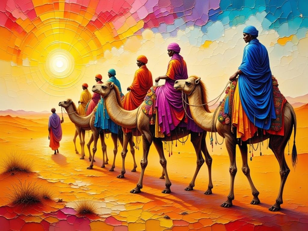 Bedouin Nomads in Sahara Desert, Hyperrealistic Impasto