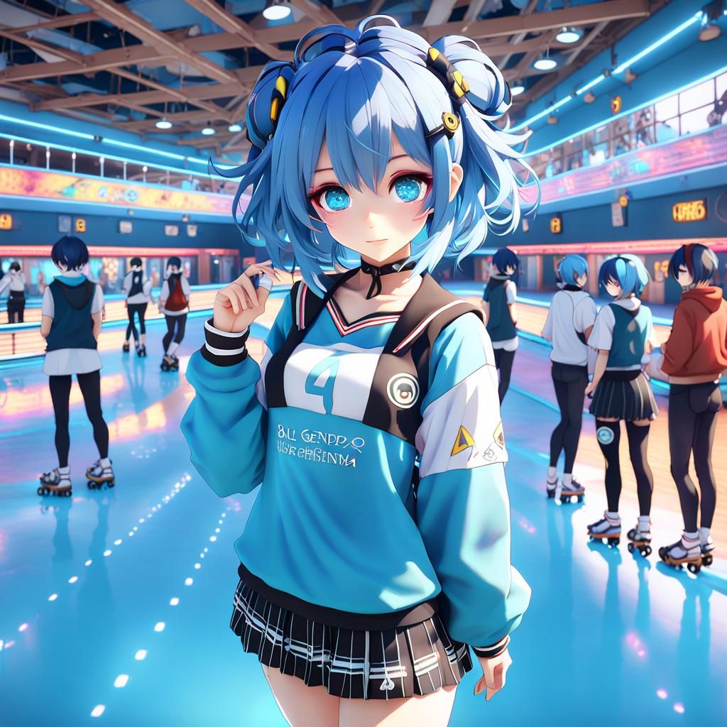 Anime Girl at Roller Rink in 3D Style