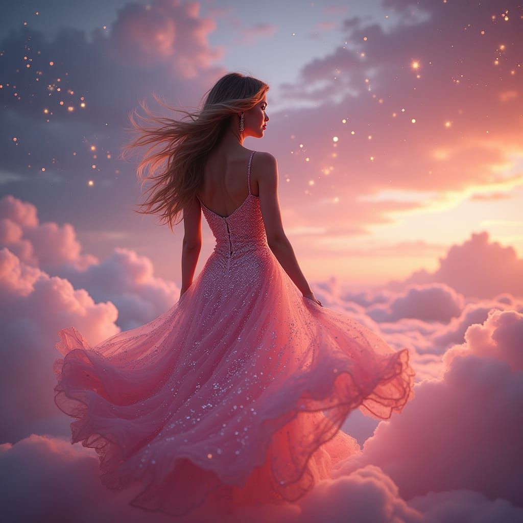 A Dreamy Woman in a Sparkling Gown Under Twinkling Night Ski...