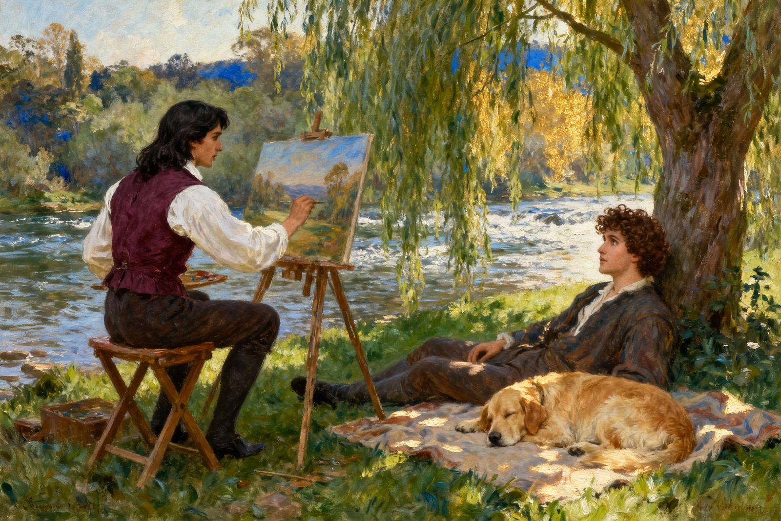 Painter by River in Soft Sunlight