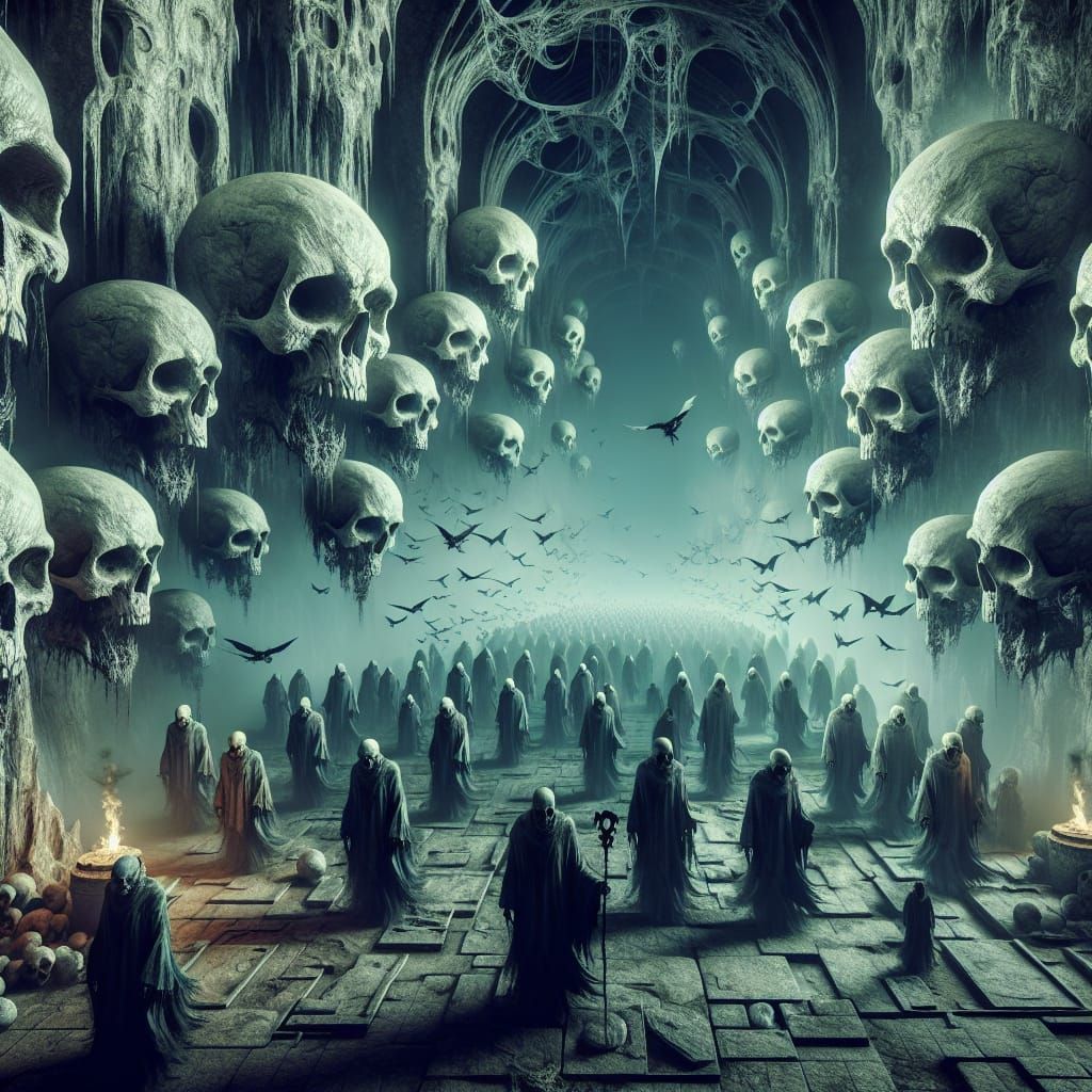 Flying Skulls in a Dungeon Necropolis
