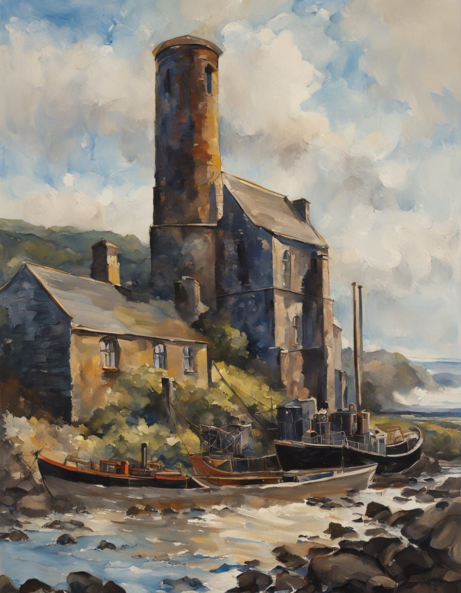 Gouache Masterpiece of a Majestic Cornish Engine House