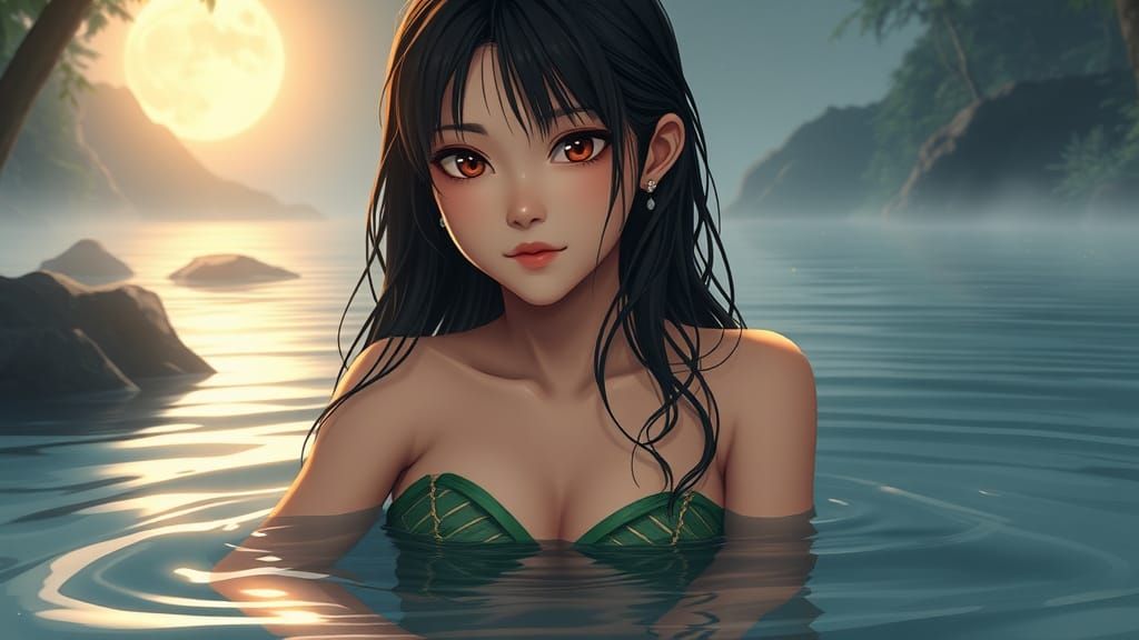 Serene Indonesian Girl Bathes in Mystical River: Anime Style