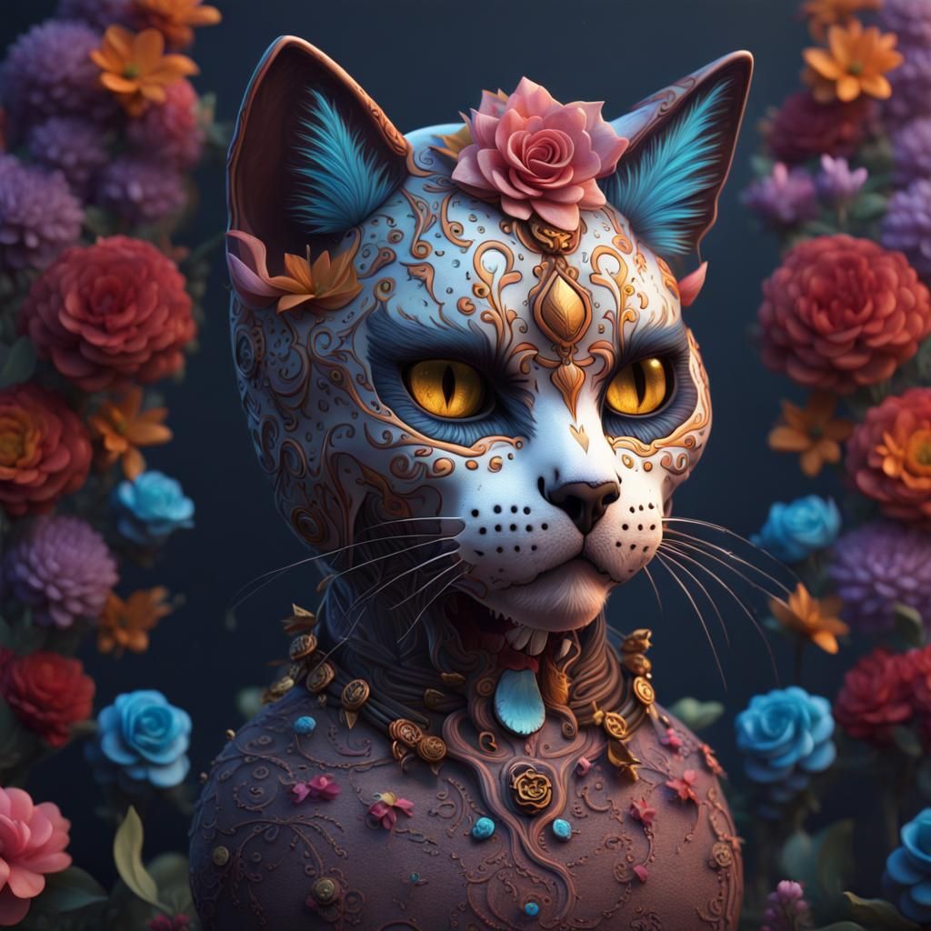 Detailed Sugar Skull Cat Fantasy Art