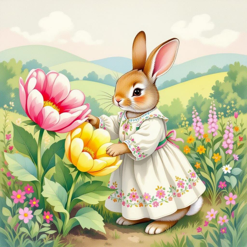 Bunny Gardener in Pastel Watercolor Storybook Illustration