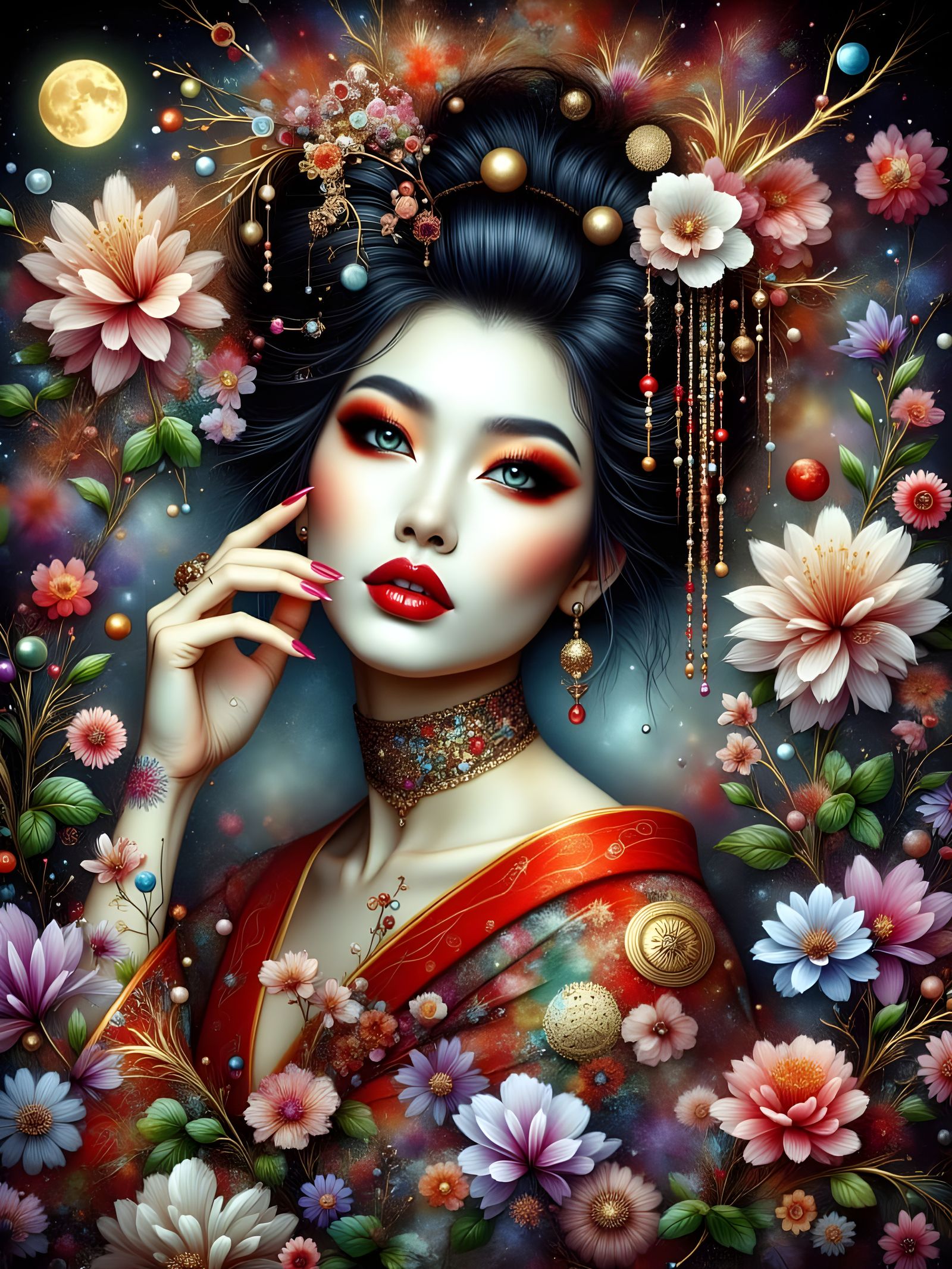 Geisha in B&W and Color with Mirrored Reflection