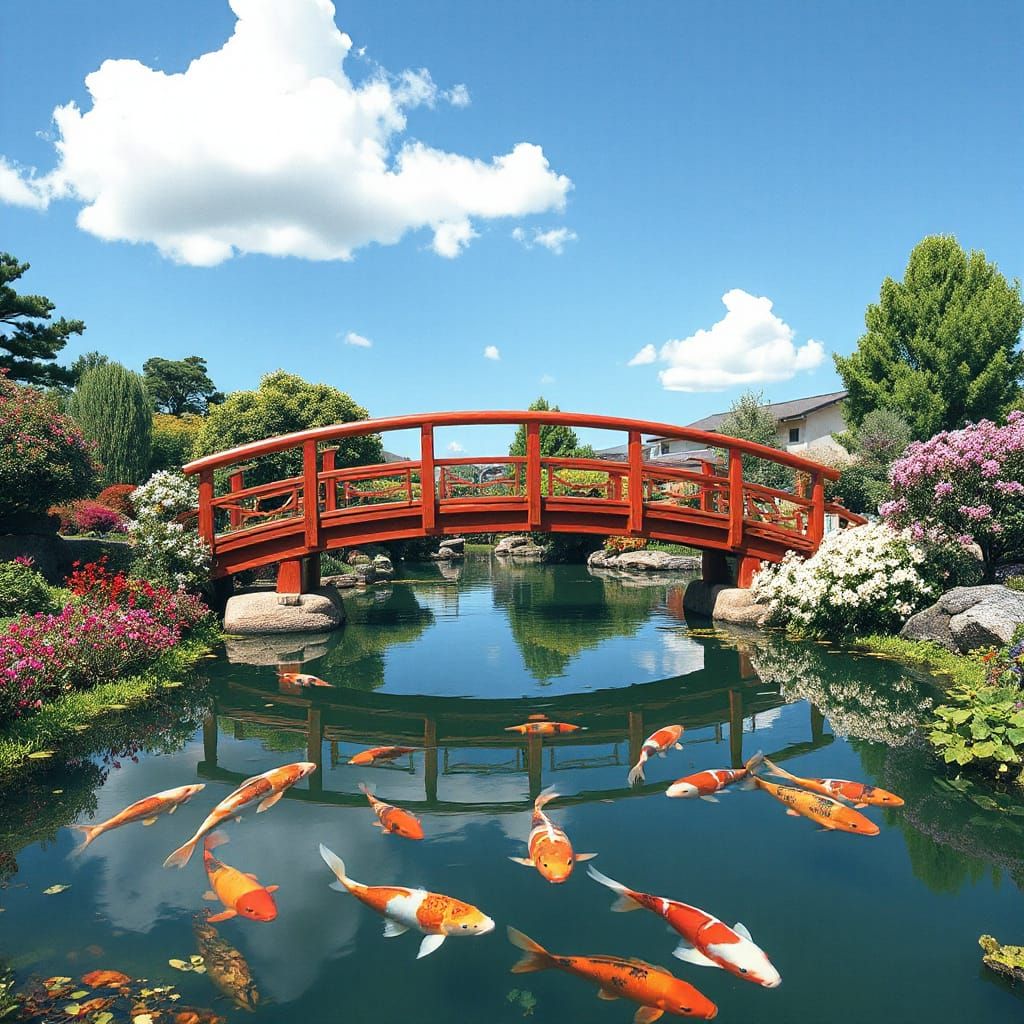 Serene Japanese Garden Pond with Vibrant Koi and Colorful Bl...