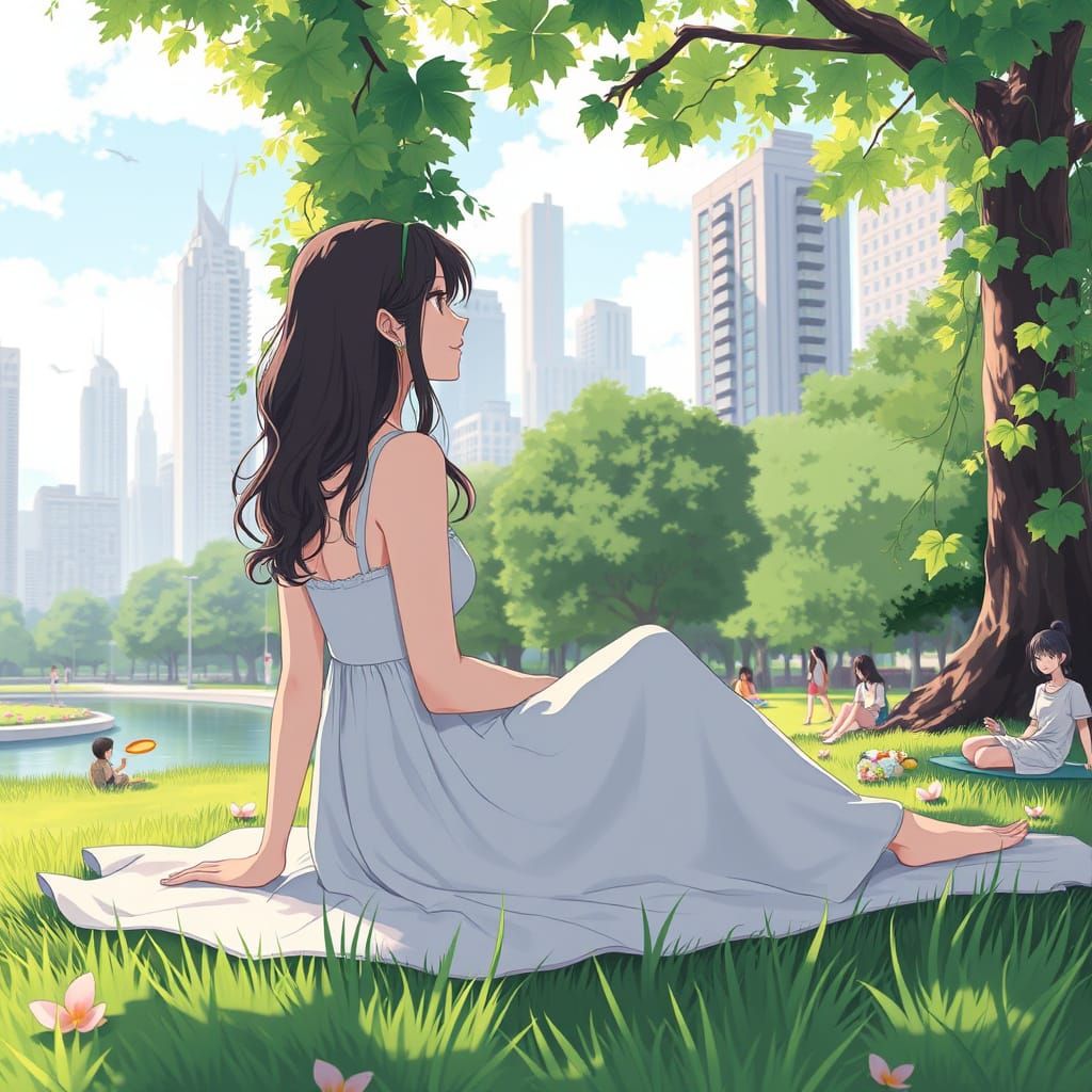 Anime Style Serene City Park Scene
