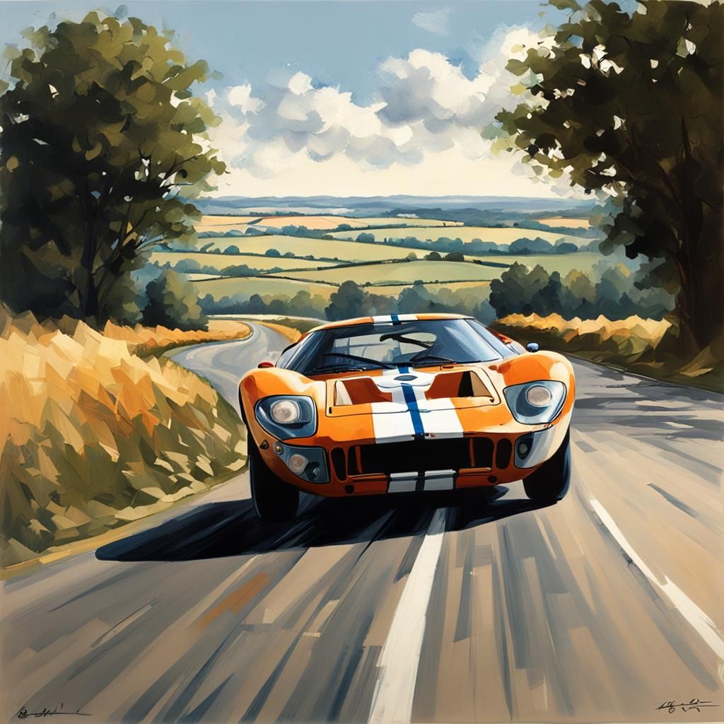 Ford GT40 Races Through Countryside, Hyperrealistic Detail