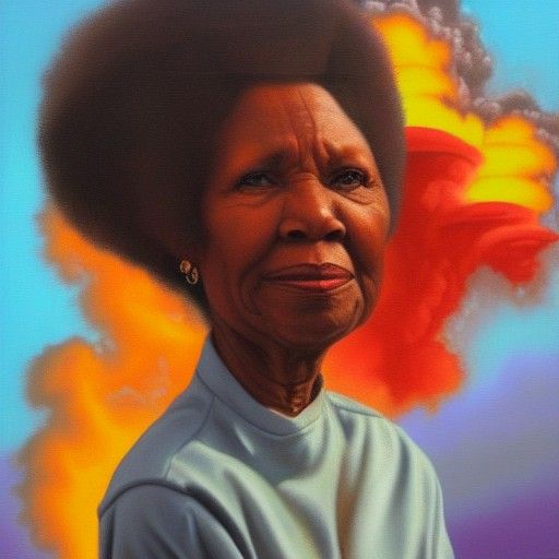 Woman Observes Colorful Nuclear Explosion as Oil Painting
