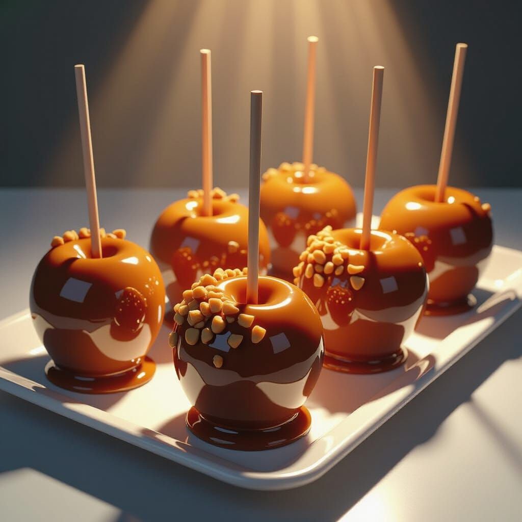 Hyper-Realistic Comic Style Caramel Apples with Nuts