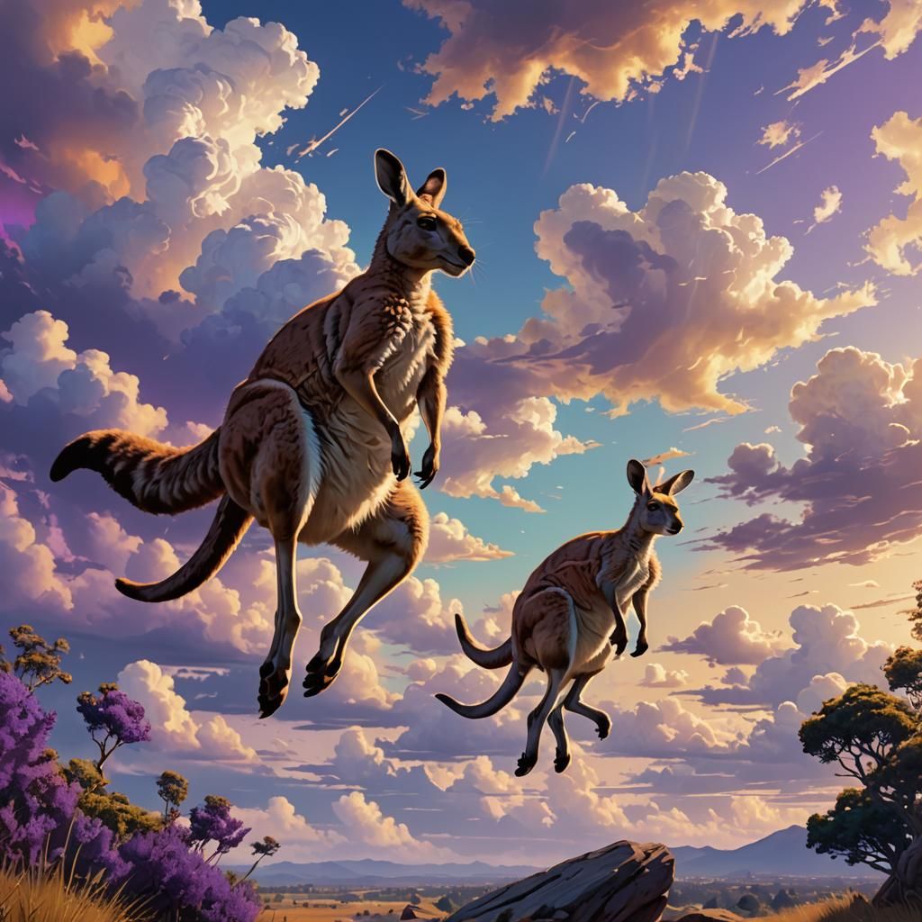 Kangaroo Jumping in Triadic Colors, Hyperrealistic Render
