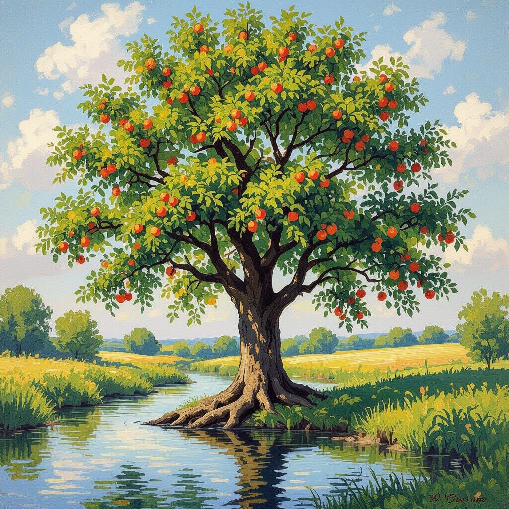 Majestic Tree by River in Impressionist Style
