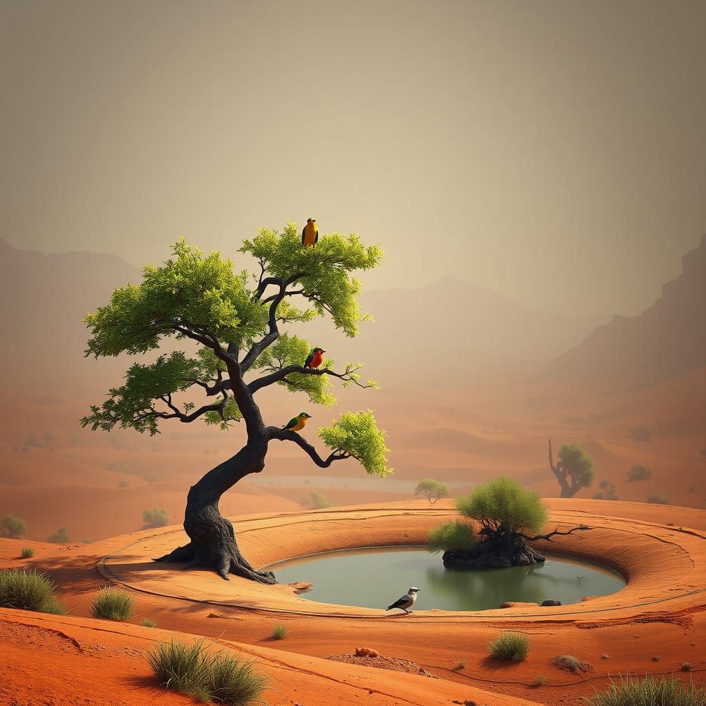 Colorful Birds in Desert Oasis Matte Painting
