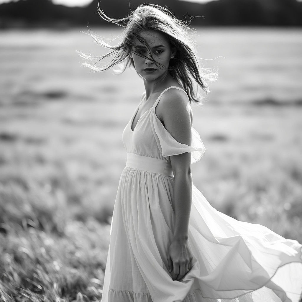 Monochrome Portrait of Woman in Windy Field