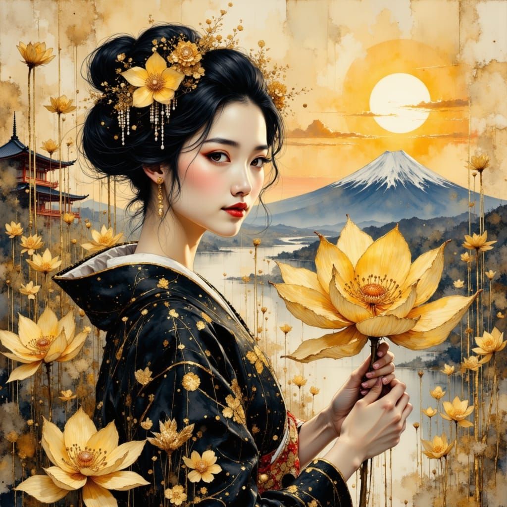 Geisha in shades of black and gold