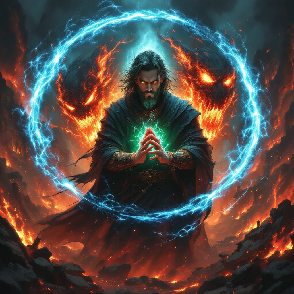 Fire Mage Summons Spirits Amidst Ruined Village