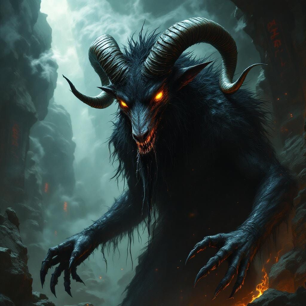 Goat-Headed Shadow Figure in Gothic Ruins