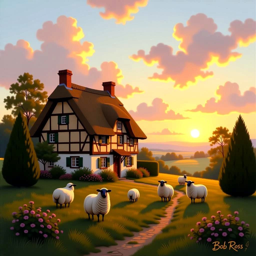 Idyllic Sunset Landscape with Thatched House in Ross Style