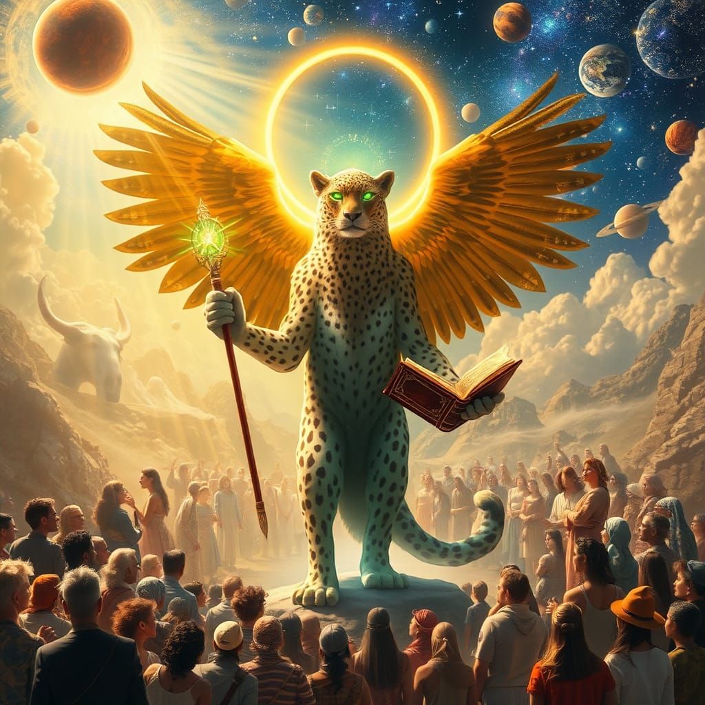 Mystical Leopard-Eagle Being in Cosmic Landscape