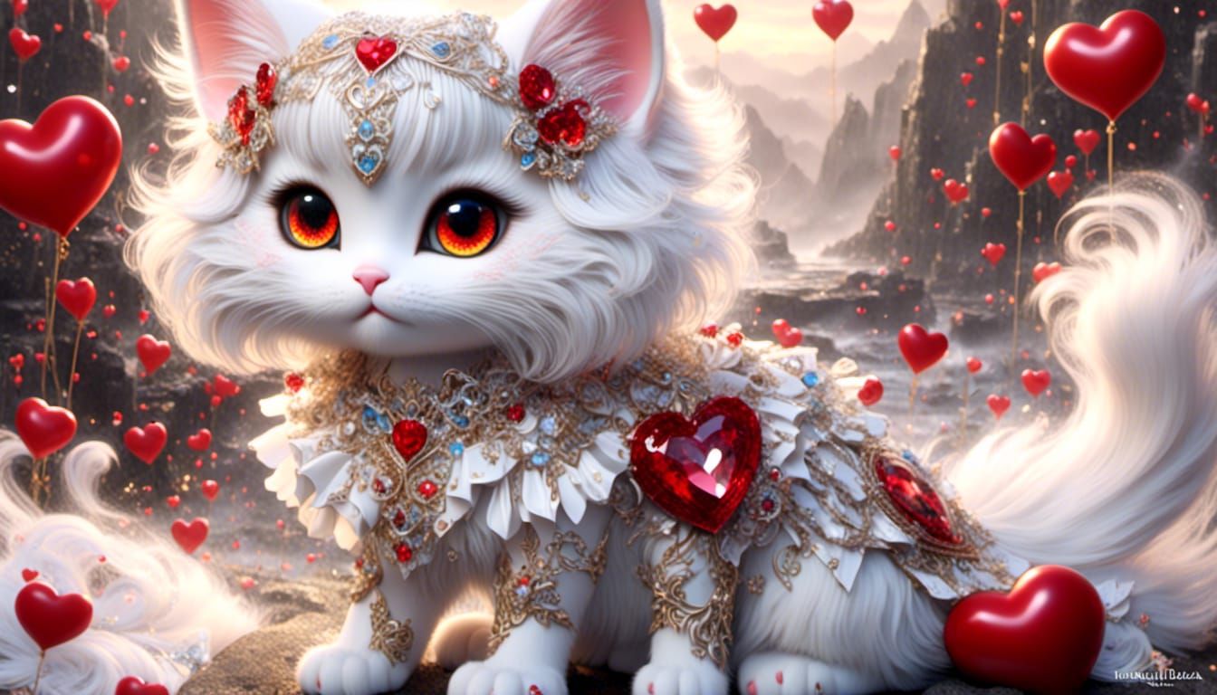 <lora:Dolls alike:1.0> <lora:dreamy:1.0> (adorable fluffy white big eyed beautiful kitten)(sitting rock ocean)(red heart...