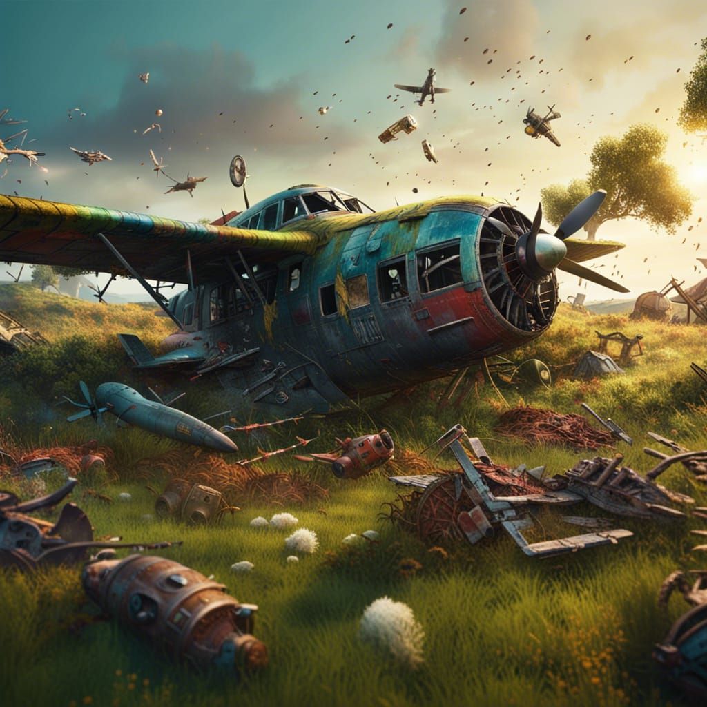 Hyperrealistic Wrecked Plane on Grassy Field