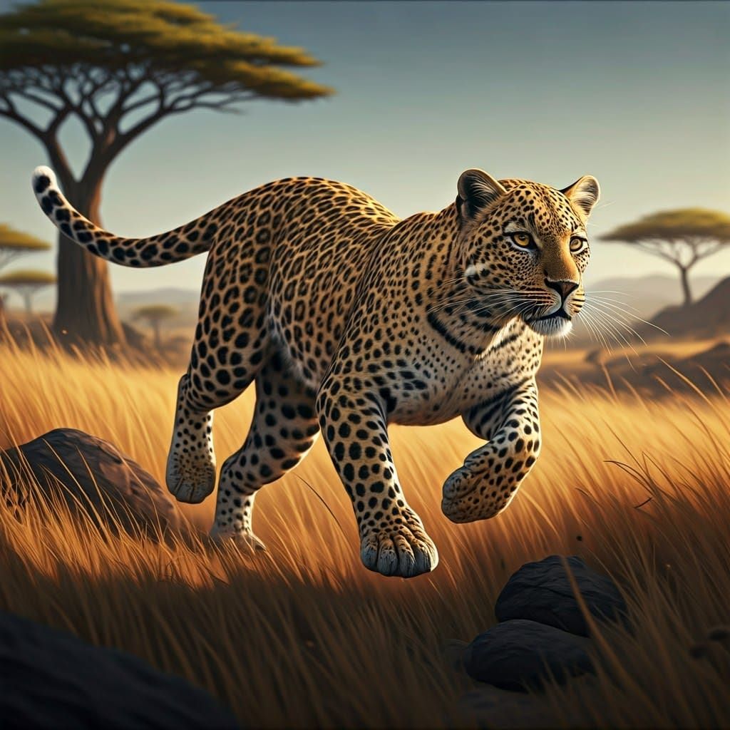Majestic Leopard in High-Speed Chase Across the Savannah