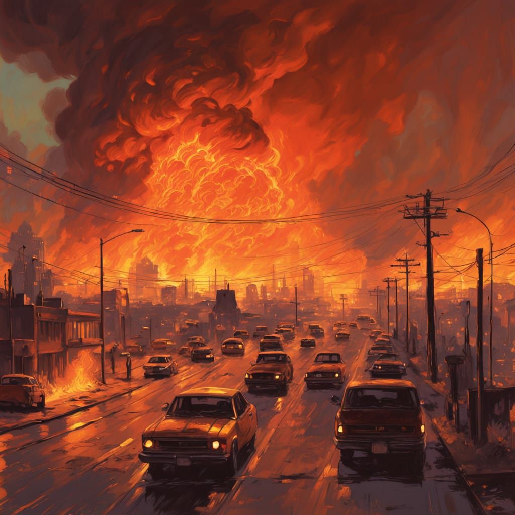 Apocalyptic City Inferno in Vibrant, Dystopian Art