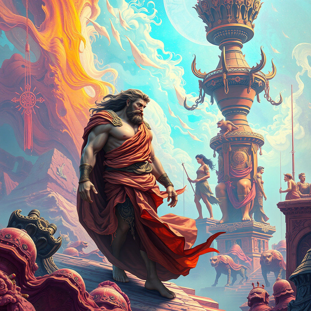 Psychedelic Hercules in Dreamlike, Surreal Realm