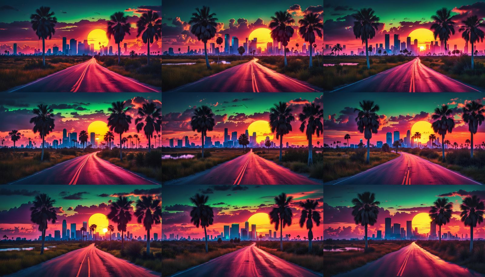 Neon City Sunset Over Country Roads